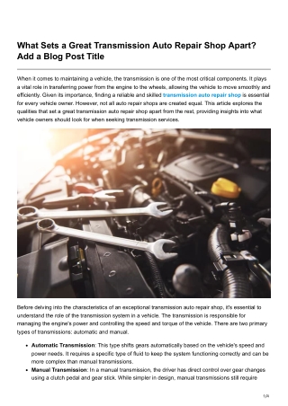 What Sets a Great Transmission Auto Repair Shop Apart