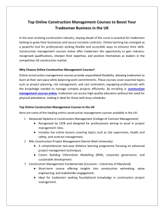 Top Online Construction Management Courses to Boost Your Tradesman Business in the UK