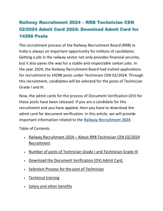 Railway Recruitment 2024 – RRB Technician CEN 022024 Admit Card 2024 Download Admit Card for 14298 Posts