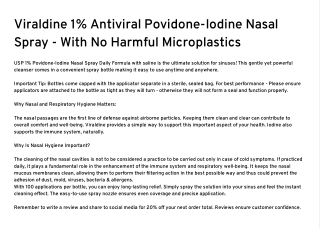 Viraldine 1% Antiviral Povidone-Iodine Nasal Spray - With No Harmful Microplastics