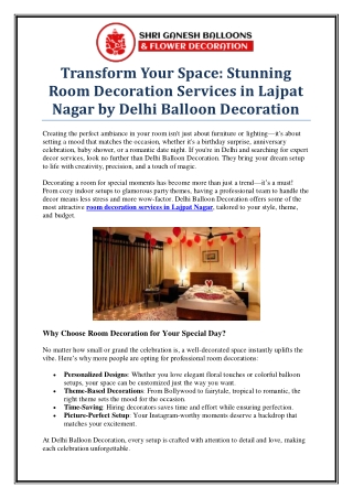 Book Room Decoration Services in Lajpat Nagar by Delhi Balloon Decoration Today!