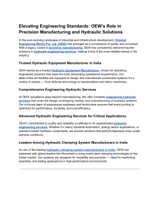 Elevating Engineering Standards - OEW’s Role in Precision Manufacturing and Hydr