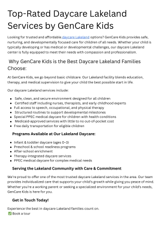 Top-Rated Daycare Lakeland Services by GenCare Kids