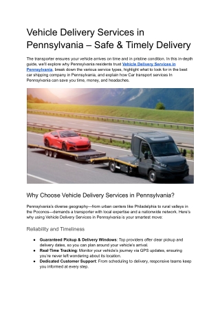 Vehicle Delivery Services in Pennsylvania – Safe & Timely Delivery