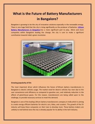 What is the Future of Battery Manufacturers in Bangalore?What is the Future of B