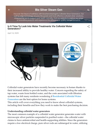 Is It Time To Look Into Water Treatments Via Colloidal Water Generators
