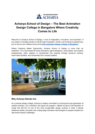 Bring Stories to Life at Acharya School of Design – The Best Animation Design