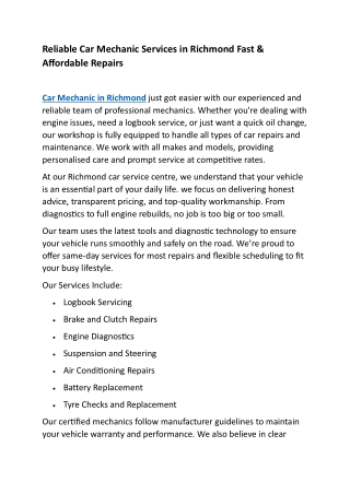 reliable car mechanic services in richmond fast