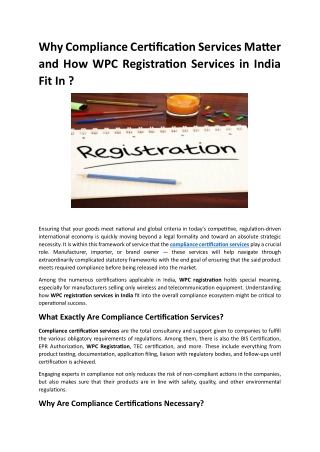 Why Compliance Certification Services Matter and How WPC Registration Services in India Fit In