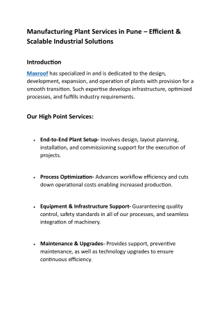 Manufacturing Plant Services in Pune