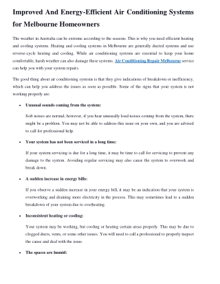Improved And Energy-Efficient Air Conditioning Systems for Melbourne Homeowners