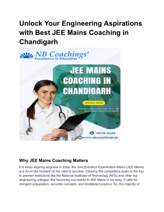 Unlock Your Engineering Aspirations with Best JEE Mains Coaching in Chandigarh