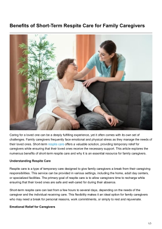 Benefits of Short-Term Respite Care for Family Caregivers