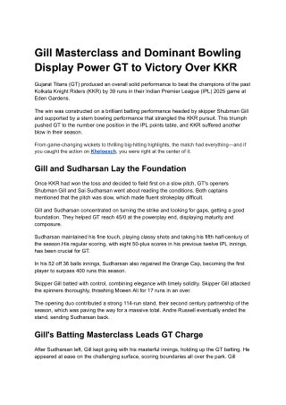 Gill's Masterclass and Dominant Bowling Display Power GT to Victory Over KKR