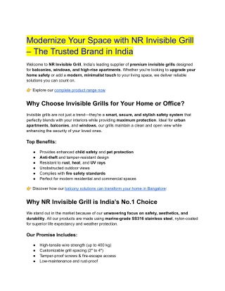 Modernize Your Space with NR Invisible Grill – The Trusted Brand in India