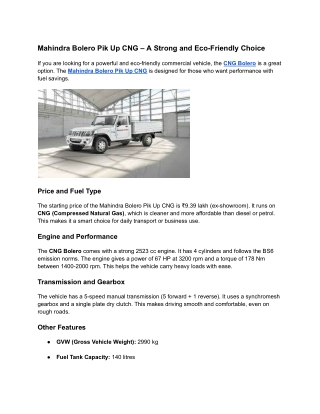 Mahindra Bolero Pik Up CNG – A Strong and Eco-Friendly Choice