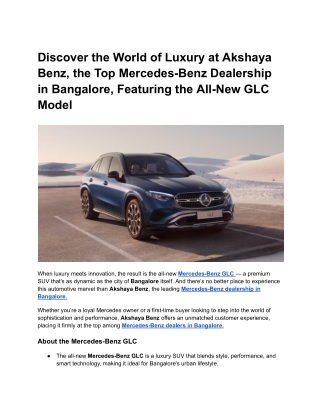 Discover the World of Luxury at Akshaya Benz, the Top Mercedes-Benz Dealership in Bangalore, Featuring the All-New GLC M