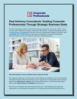 Deal Advisory Consultants Guiding Corporate Professionals Through Strategic Business Deals
