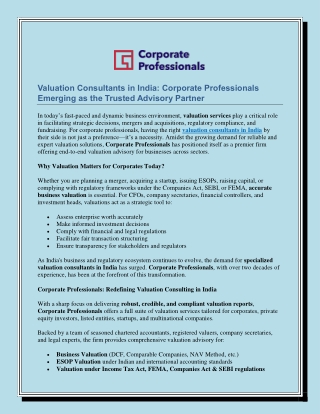 Valuation Consultants in India Corporate Professionals Emerging as the Trusted Advisory Partner