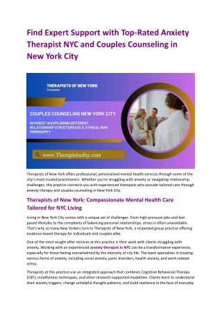 Find Expert Support with Top Rated Anxiety Therapist NYC and Couples Counseling in New York