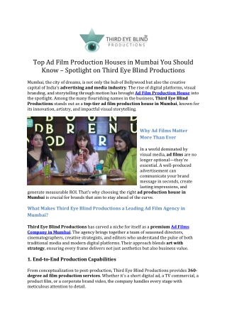 Top Ad Film Production Houses in Mumbai You Should Know – Spotlight on Third Eye Blind Productions