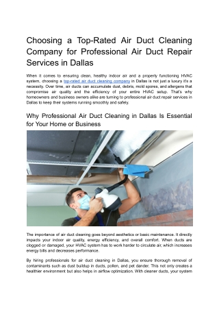 Choosing a Top-Rated Air Duct Cleaning Company for Professional Air Duct Repair Services in Dallas