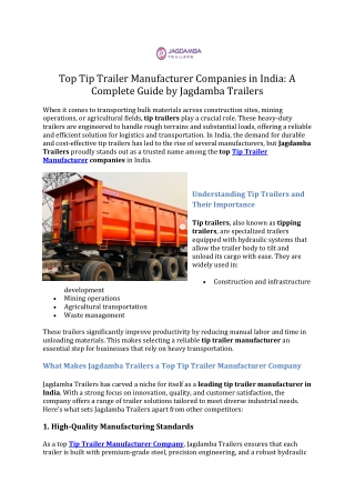 Top Tip Trailer Manufacturer Companies in India -A Complete Guide by Jagdamba Trailers