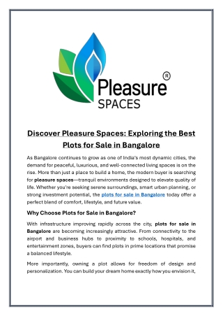 Discover Pleasure Spaces  Exploring the Best Plots for Sale in Bangalore