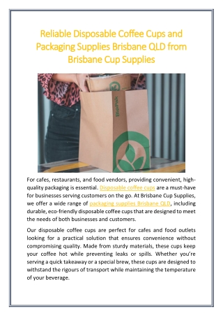 Reliable Disposable Coffee Cups and Packaging Supplies Brisbane QLD from Brisbane Cup Supplies