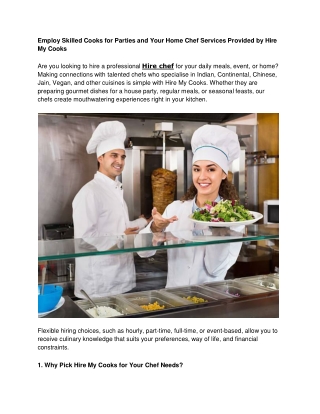 Employ Skilled Cooks for Parties and Your Home Chef Services Provided by Hire My Cooks