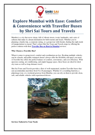 Book Traveller Bus on Rent in Mumbai for Group Tours – Shri Sai