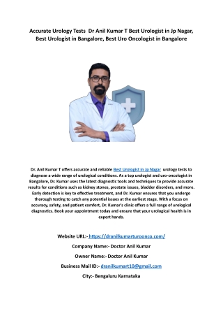 Accurate Urology Tests – Dr Anil Kumar T, Best Urologist in Jp Nagar, Best Urolo