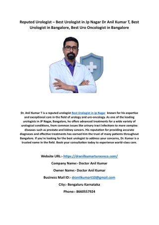 Reputed Urologist – Best Urologist in Jp Nagar Dr Anil Kumar T, Best Urologist i