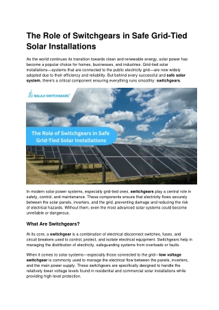 The Role of Switchgears in Safe Grid-Tied Solar Installations