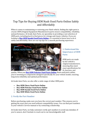 Top Tips for Buying OEM Nash Used Parts Online Safely and Affordably