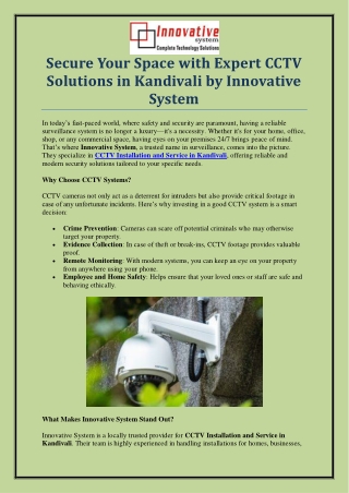Reliable CCTV Installation and Service in Kandivali – Innovative System
