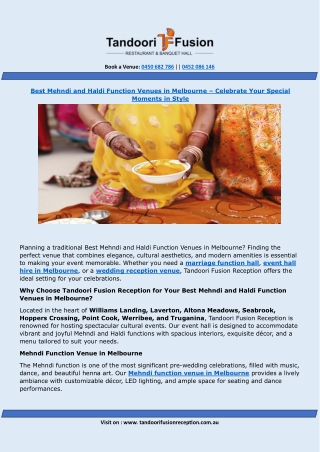 Best Mehndi and Haldi Function Venues in Melbourne  | Tandoor Fusion Reception