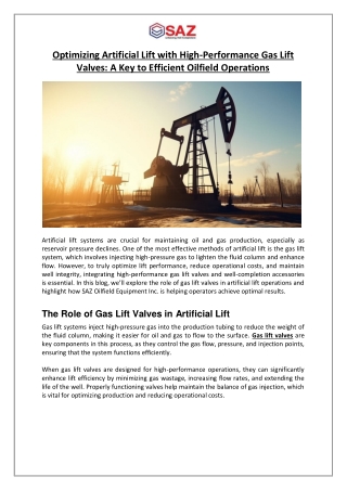 Optimizing Artificial Lift with High-Performance Gas Lift Valves A Key to Efficient Oilfield Operations