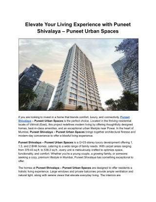 Elevate Your Living Experience with Puneet Shivalaya – Puneet Urban Spaces