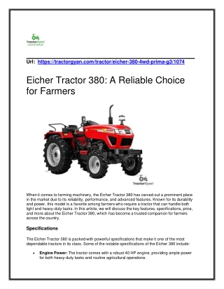Eicher Tractor 380 A Reliable Choice for Farmers