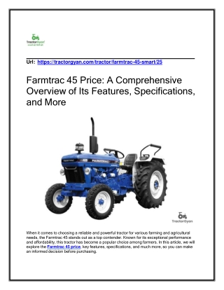 Farmtrac 45 Price A Comprehensive Overview of Its Features, Specifications, and More