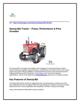 Swaraj 963 Tractor – Power, Performance & Price Unveiled