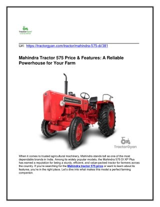 Mahindra Tractor 575 Price & Features A Reliable Powerhouse for Your Farm