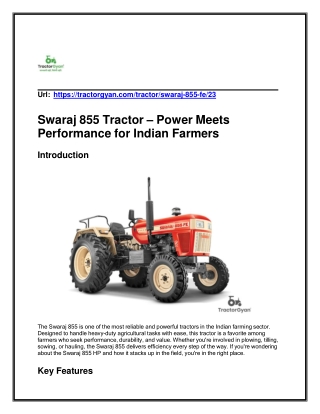 Swaraj 855 Tractor  Power Meets Performance for Indian Farmers