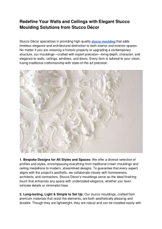 Redefine Your Walls and Ceilings with Elegant Stucco Moulding Solutions from Stucco Décor