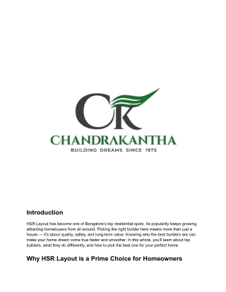 Best Home Builders in HSR Layout Bangalore