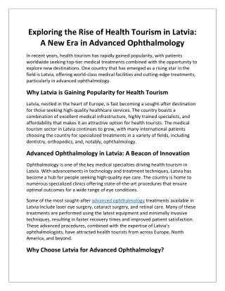 Exploring the Rise of Health Tourism in Latvia:New Era in Advanced Ophthalmology