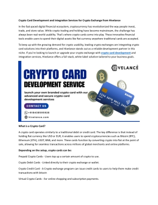 Develop Custom Crypto Cards with Hivelance’s End-to-End Integration Services