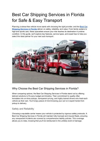 Best Car Shipping Services in Florida for Safe & Easy Transport