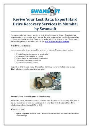 Swansoft – Expert Hard Drive Recovery in Mumbai